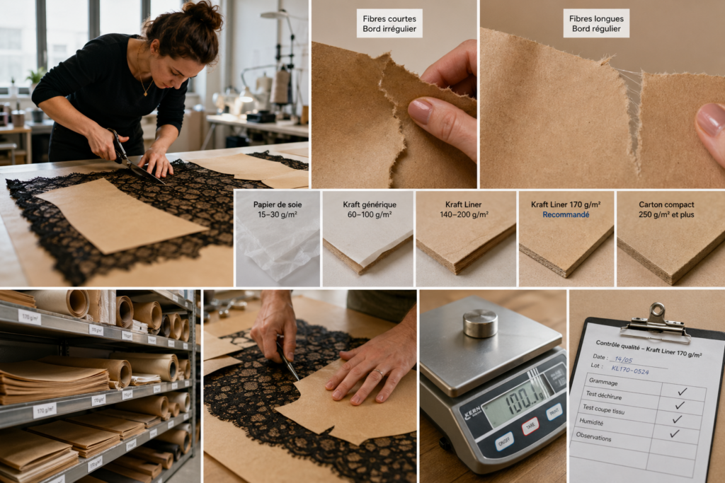 Atelier de découpe textile avec rouleaux de papier kraft liner servant de support sandwich sous des coupons de tissu