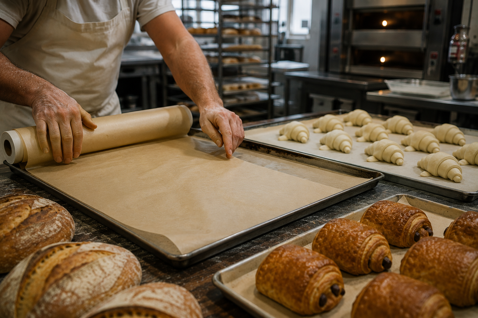 Boulanger déroulant une feuille de papier cuisson sur plaque de four avant cuisson de croissants