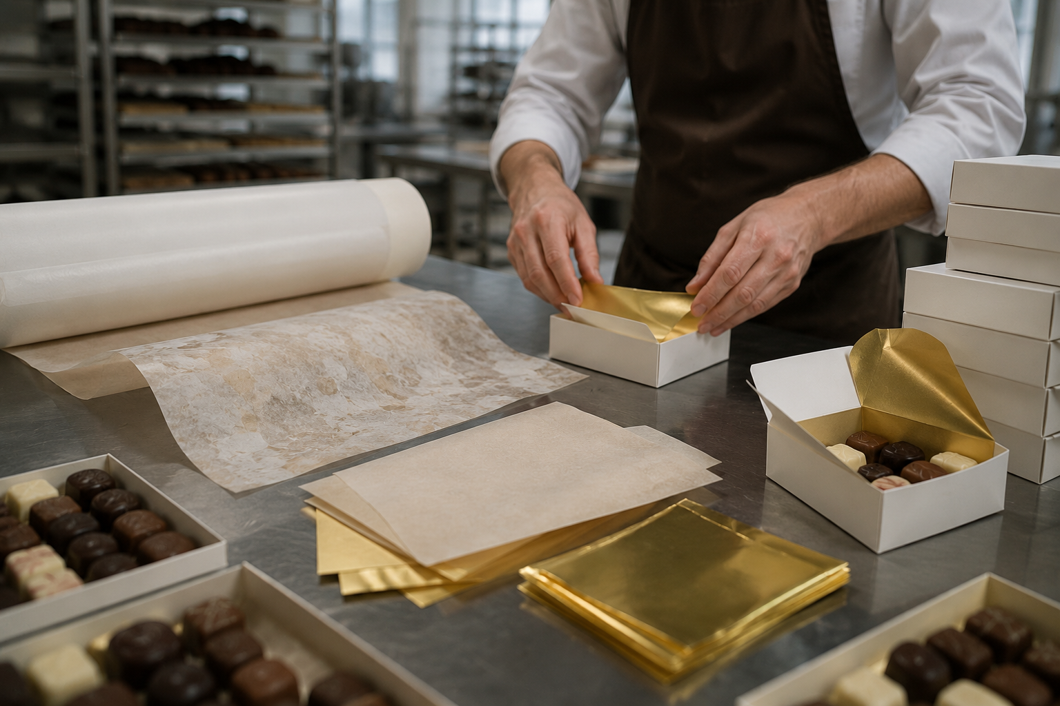 Chocolatier emballant des pralines avec papier ingraissable et papier aluminisé doré en atelier