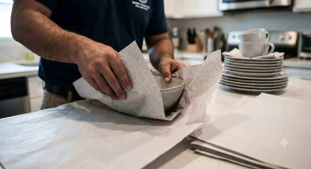 Déménageur emballant un bol en céramique dans du papier journal vierge, vaisselle empilée en cuisine
